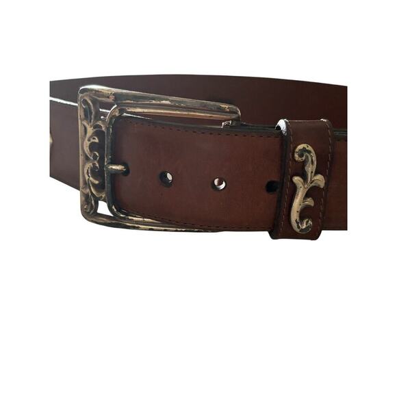 Brighton Women’s Art Nouveau Belt brown Leather Silver Swirl buckle Scroll Sz S - Picture 10 of 12